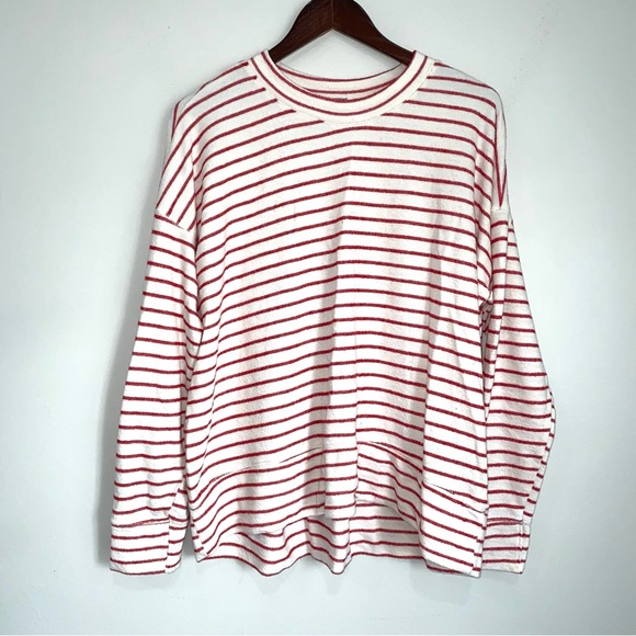 AERIE Womens Medium White Red Stripe Long Sleeve Terry Casual Pullover Shirt Q2 - Picture 1 of 4